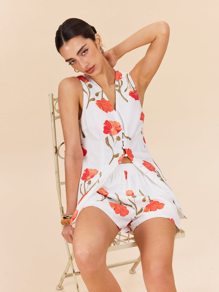 Blumenmuster-Shorts-Set mit Knopfleiste vorne