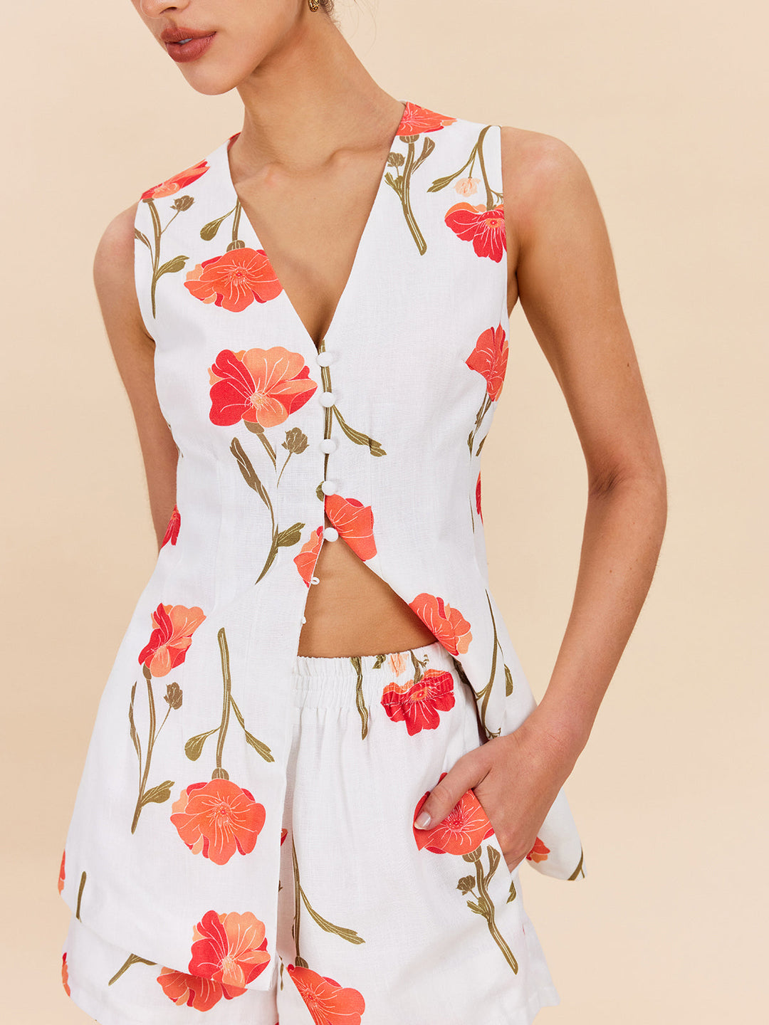 Blumenmuster-Shorts-Set mit Knopfleiste vorne