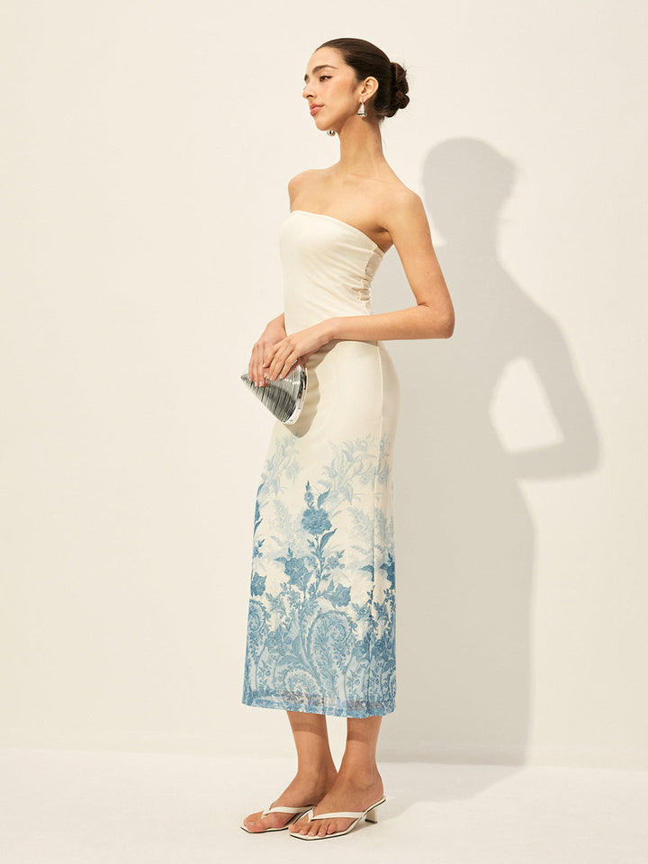 Rückenfreies Mesh-Kleid mit geblümtem Saum