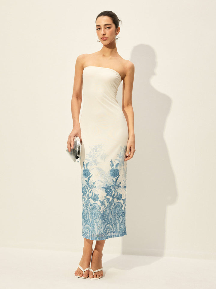 Rückenfreies Mesh-Kleid mit geblümtem Saum