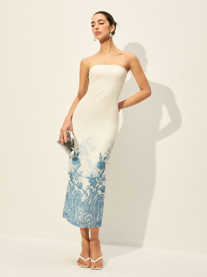 Rückenfreies Mesh-Kleid mit geblümtem Saum