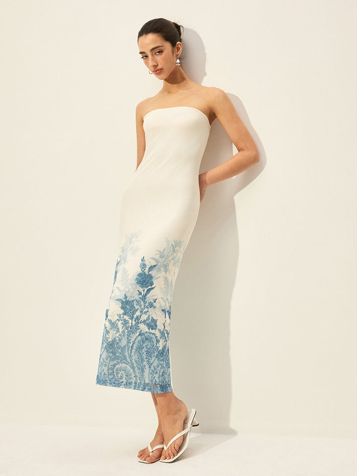 Rückenfreies Mesh-Kleid mit geblümtem Saum