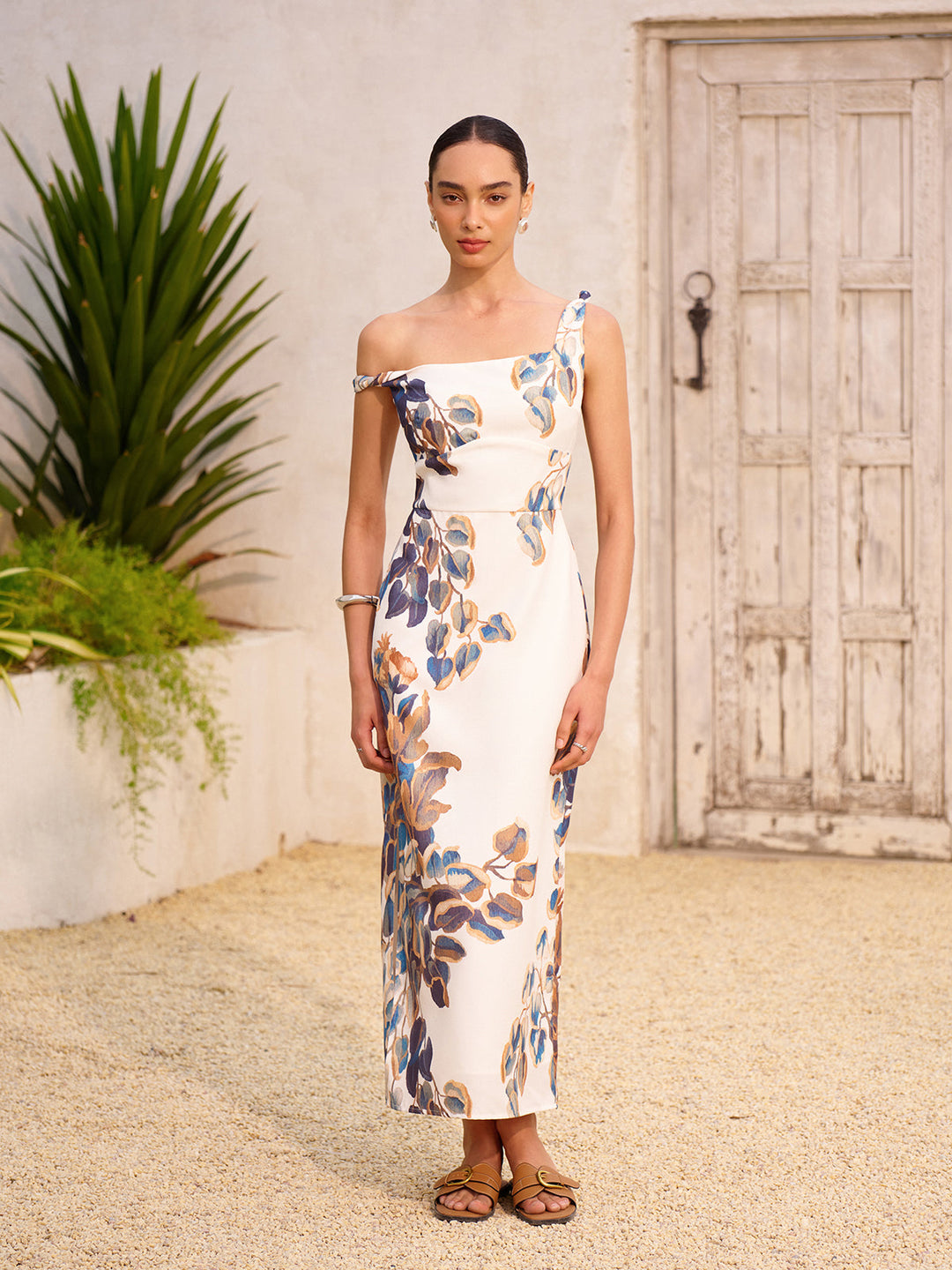 Boho Print Asymmetrischer Halsausschnitt Reißverschluss Schlitz Kleid