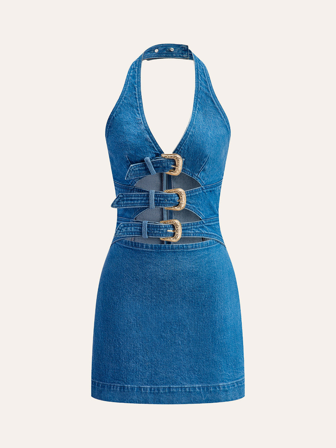 Halter-Neck-Schnallen-Denim-Kleid