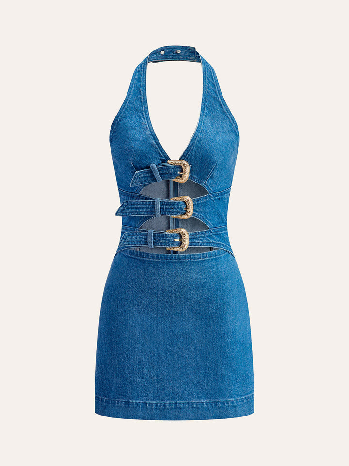 Halter-Neck-Schnallen-Denim-Kleid