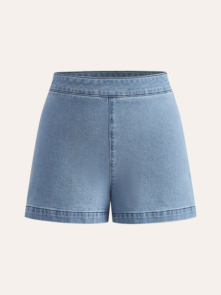 Denim-Shorts-Set mit V-Ausschnitt und Metallknopf-Bindeband