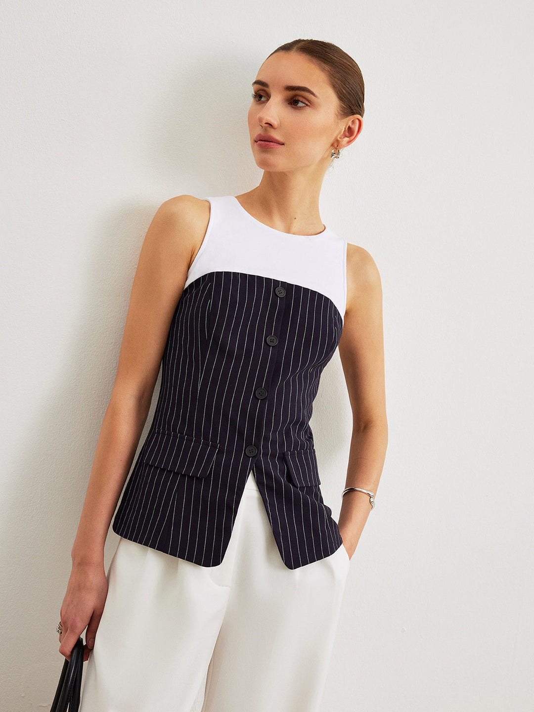 Pinstripe Button Detail Top Mit Dekor Taschen