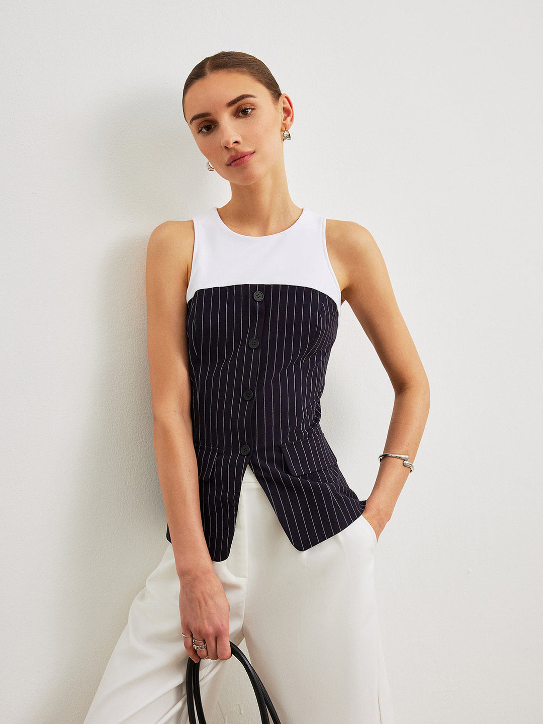 Pinstripe Button Detail Top Mit Dekor Taschen
