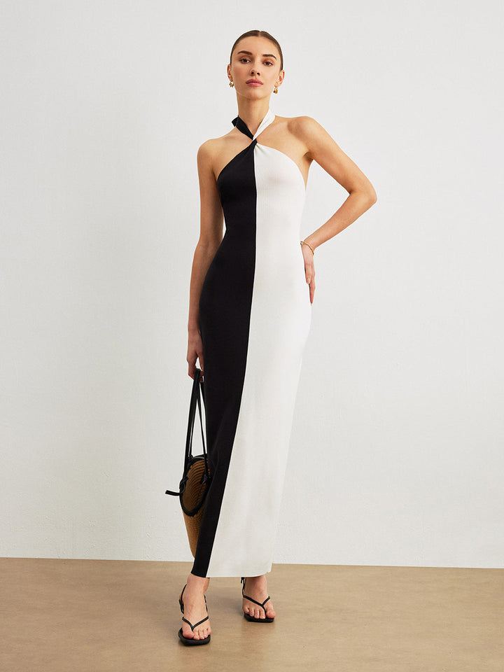 Farbblock-Halfter-Kleid mit geknotetem rückenfreiem langen Rock
