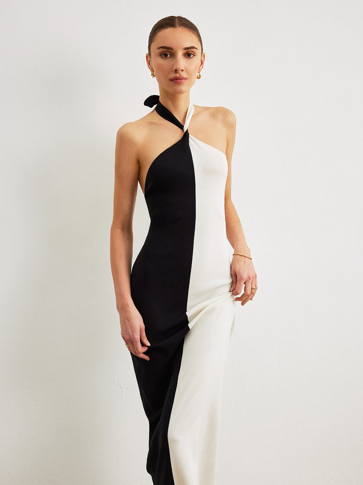 Farbblock-Halfter-Kleid mit geknotetem rückenfreiem langen Rock