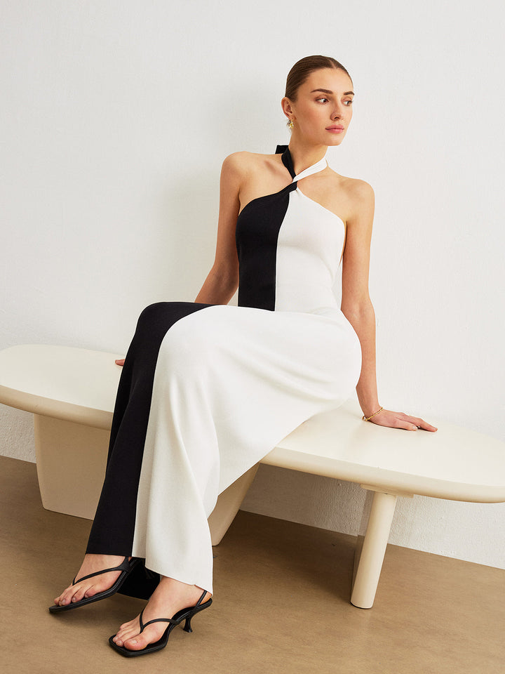 Farbblock-Halfter-Kleid mit geknotetem rückenfreiem langen Rock