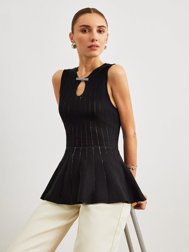 Semi-Sheer Strick-Peplum-Oberteil mit Schleifendetail