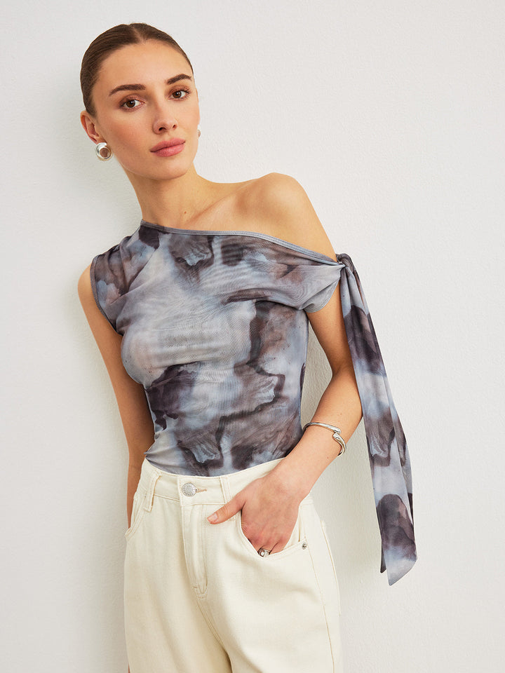 Boho Print Asymmetrischer Halsausschnitt Mesh Drapierte Bluse
