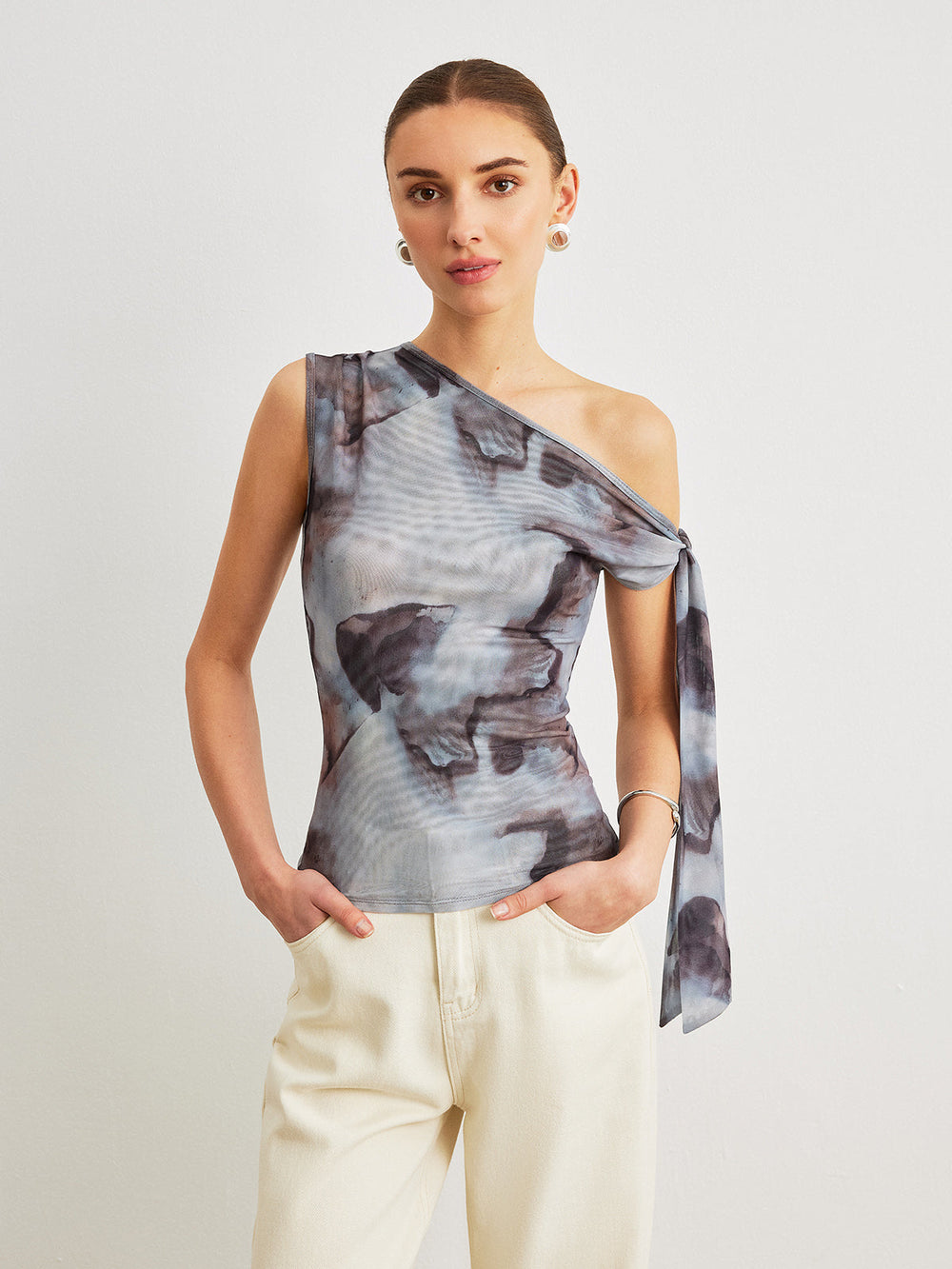 Boho Print Asymmetrischer Halsausschnitt Mesh Drapierte Bluse