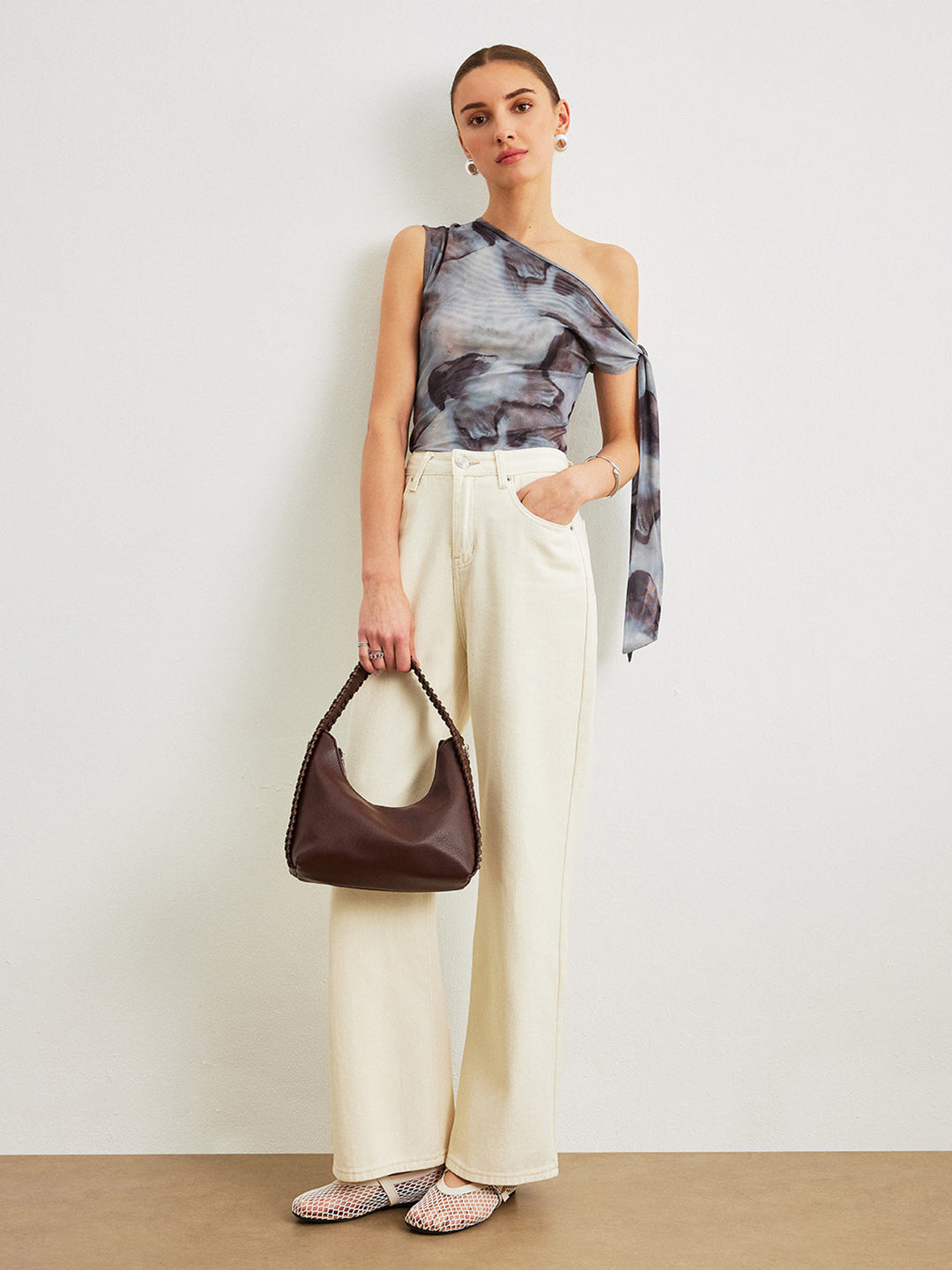 Boho Print Asymmetrischer Halsausschnitt Mesh Drapierte Bluse
