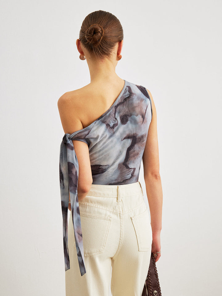 Boho Print Asymmetrischer Halsausschnitt Mesh Drapierte Bluse