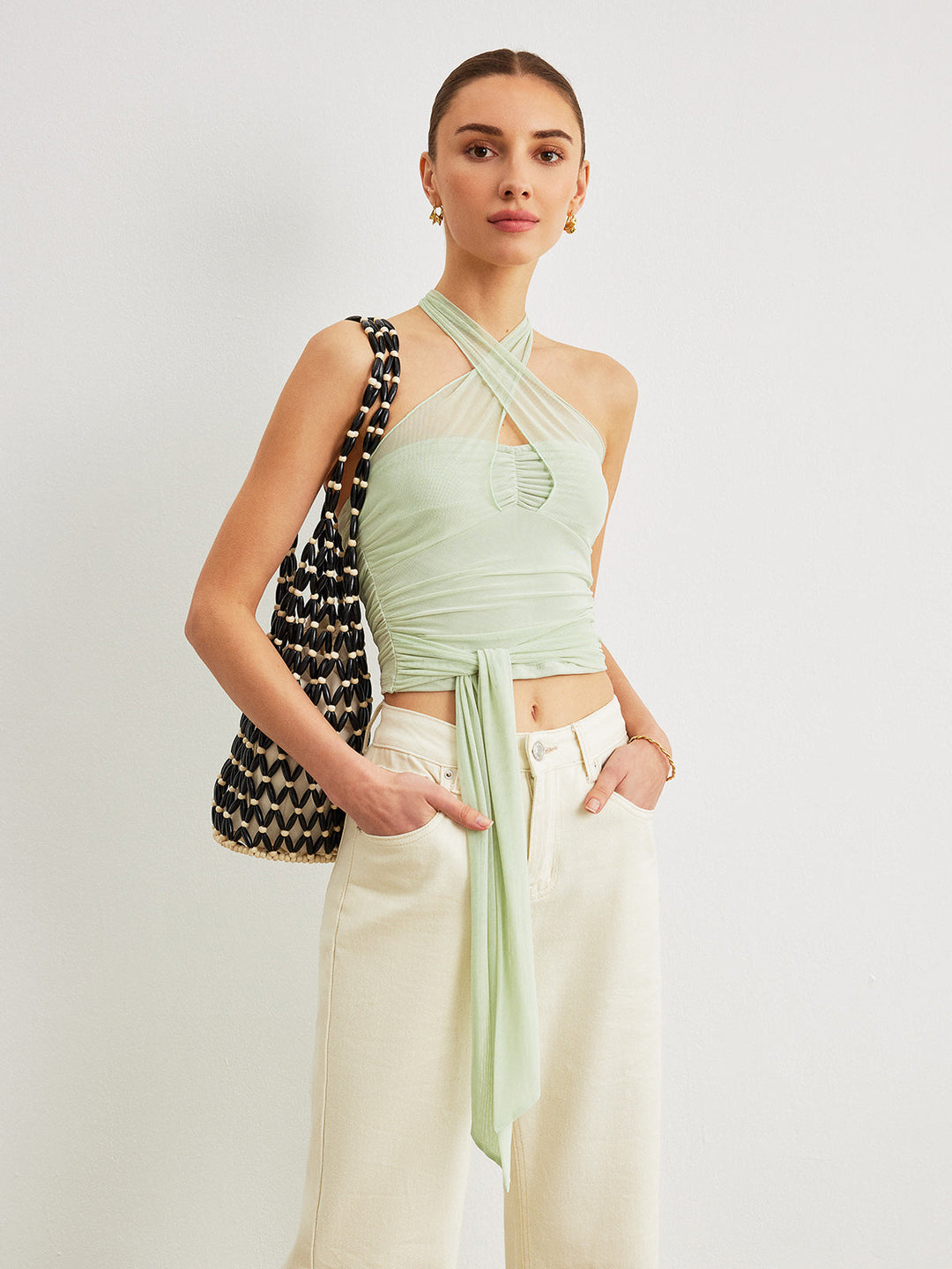 Criss-Cross Neckholder Leinen Crop Top
