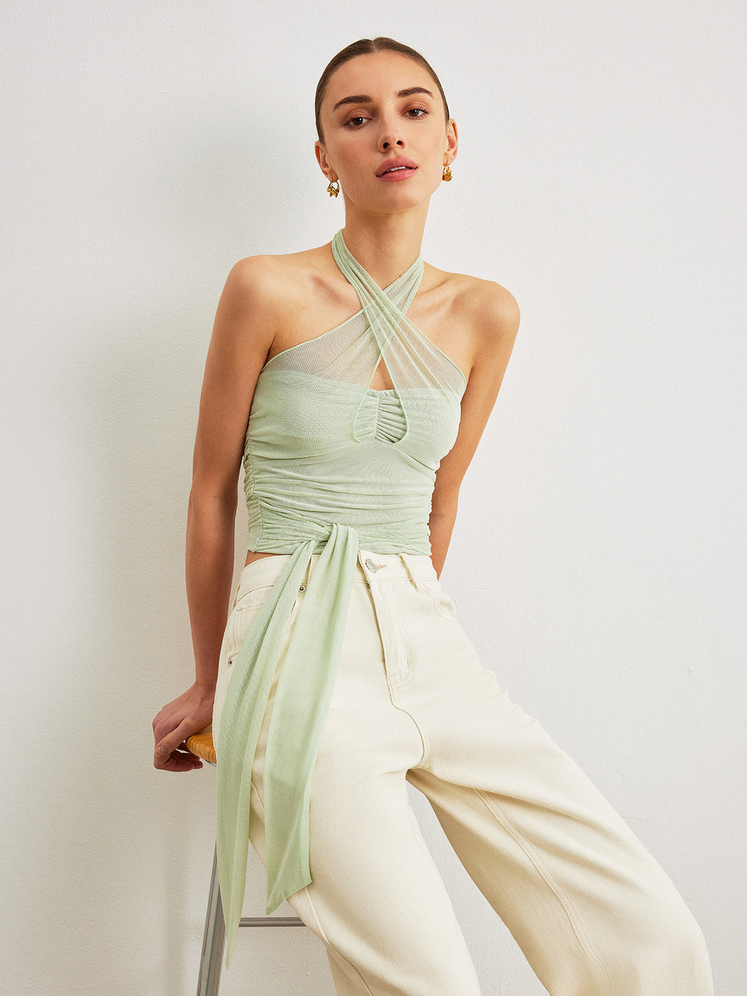 Criss-Cross Neckholder Leinen Crop Top