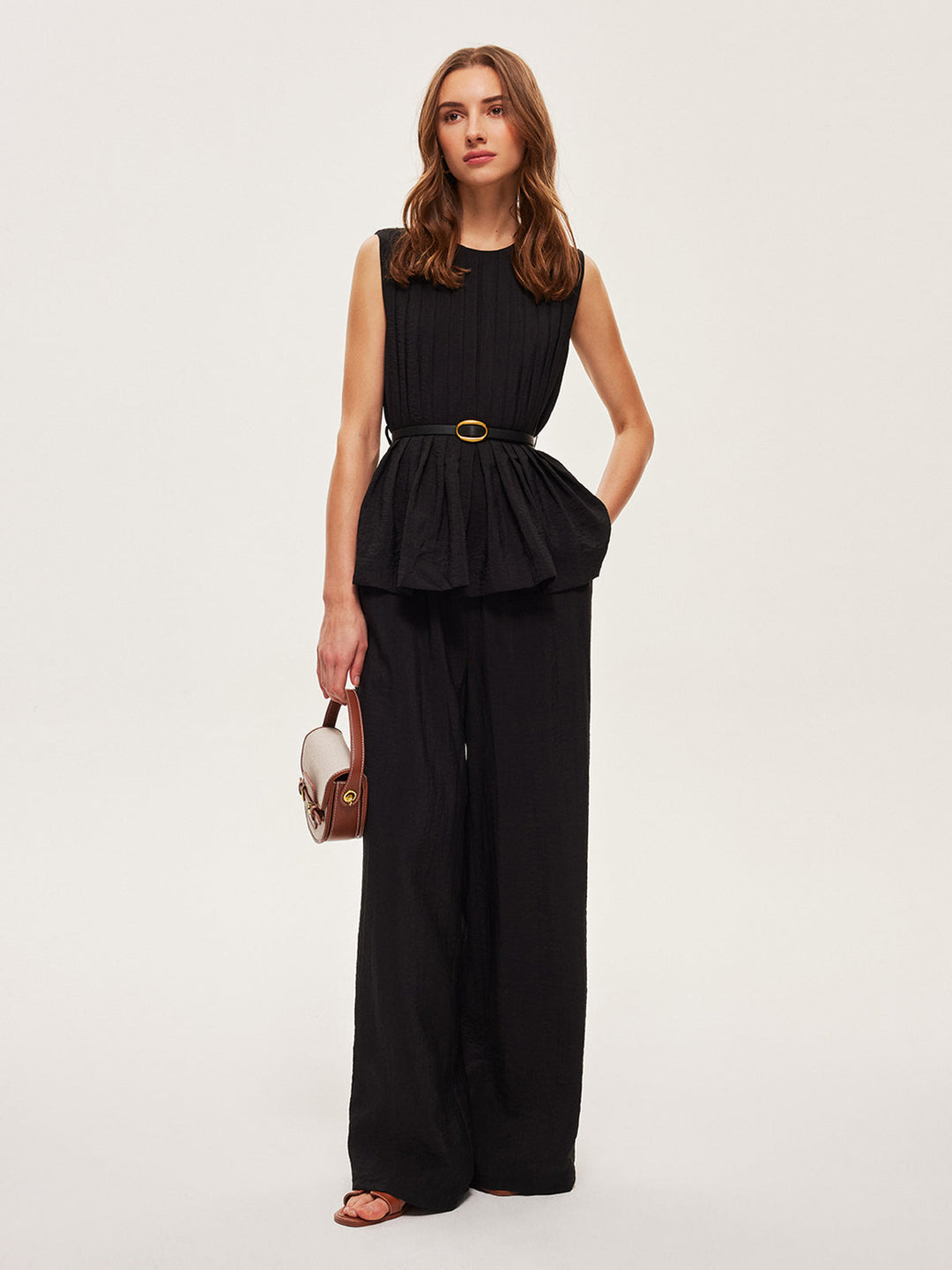 Peplum-Oberteil mit ausgestellter Hose und Gürtel