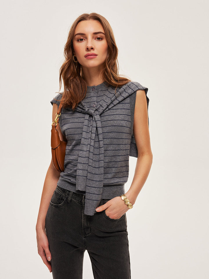 2 In 1 Gestreifter Geknoteter Knopf Ärmelloser Pullover-Weste