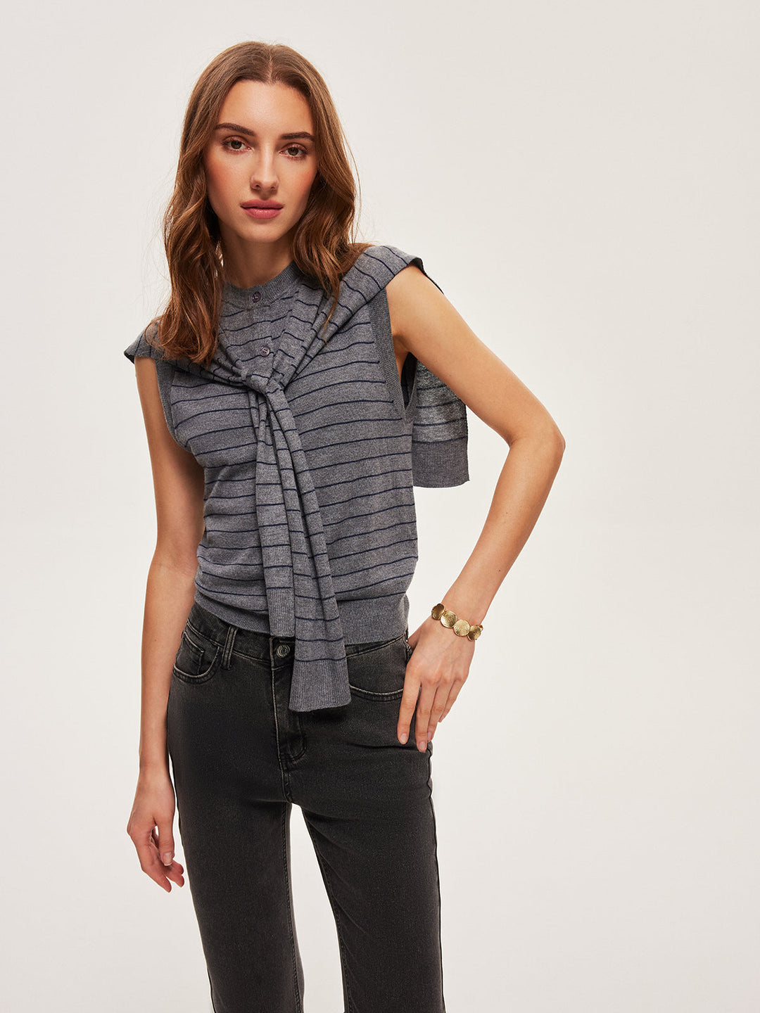 2 In 1 Gestreifter Geknoteter Knopf Ärmelloser Pullover-Weste