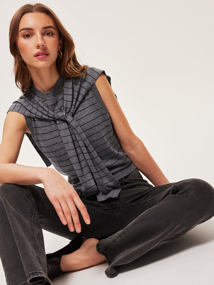 2 In 1 Gestreifter Geknoteter Knopf Ärmelloser Pullover-Weste