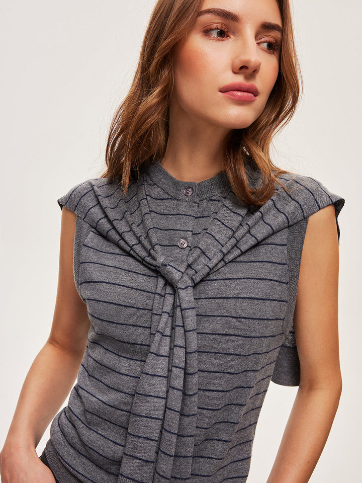 2 In 1 Gestreifter Geknoteter Knopf Ärmelloser Pullover-Weste