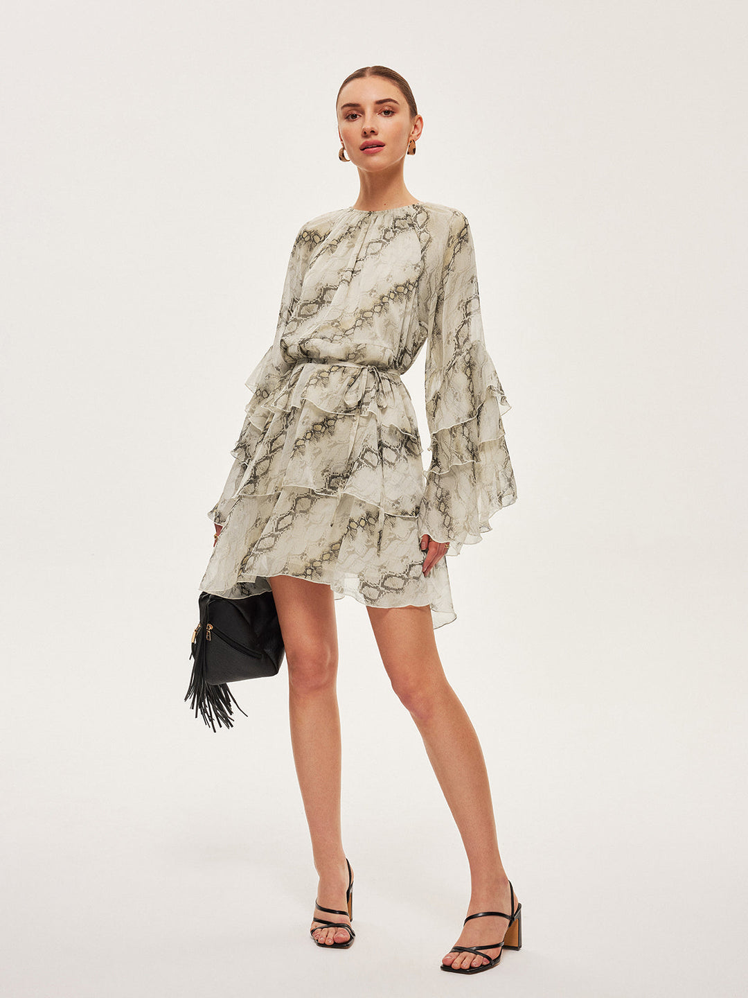 Sheer Print Ruffle Krawattenkleid