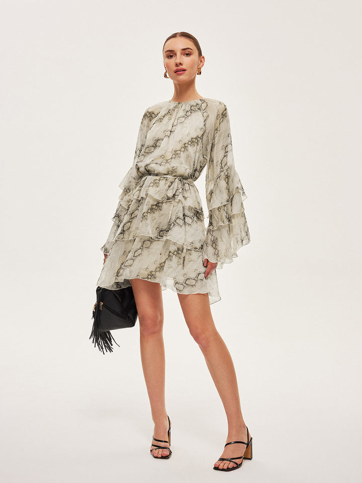 Sheer Print Ruffle Krawattenkleid