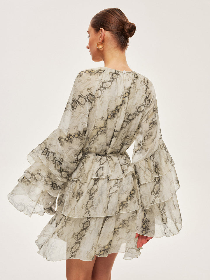 Sheer Print Ruffle Krawattenkleid