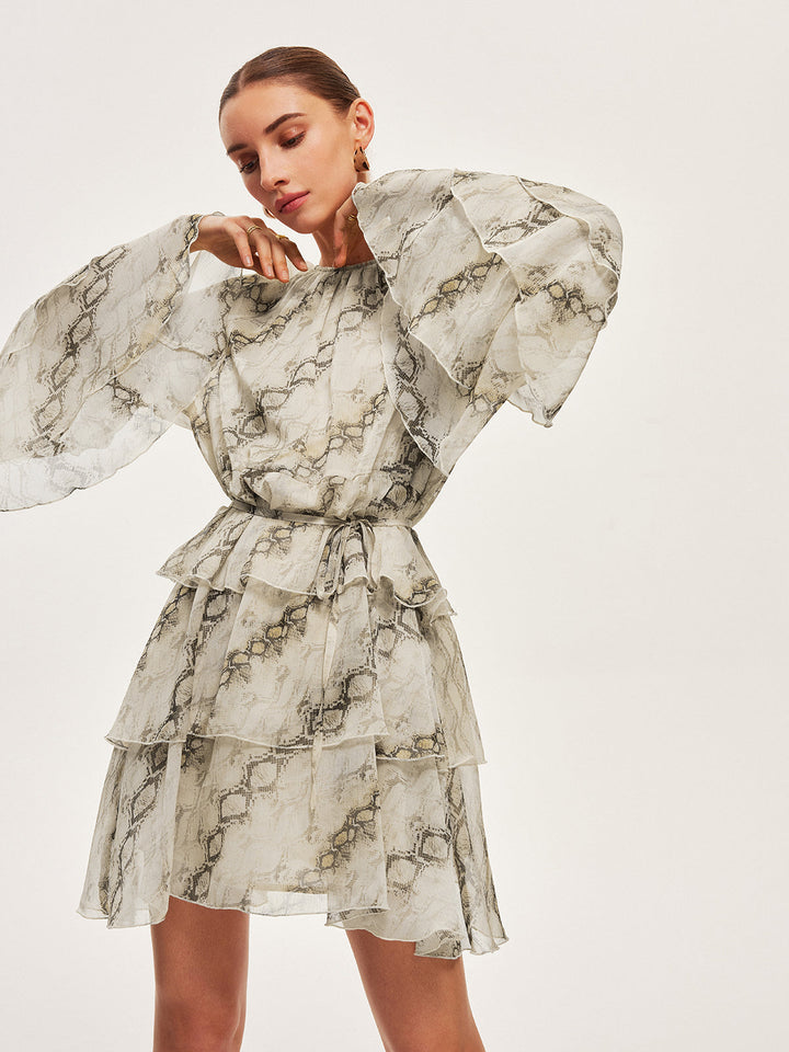 Sheer Print Ruffle Krawattenkleid