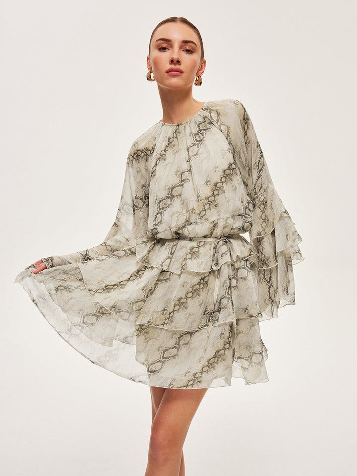 Sheer Print Ruffle Krawattenkleid