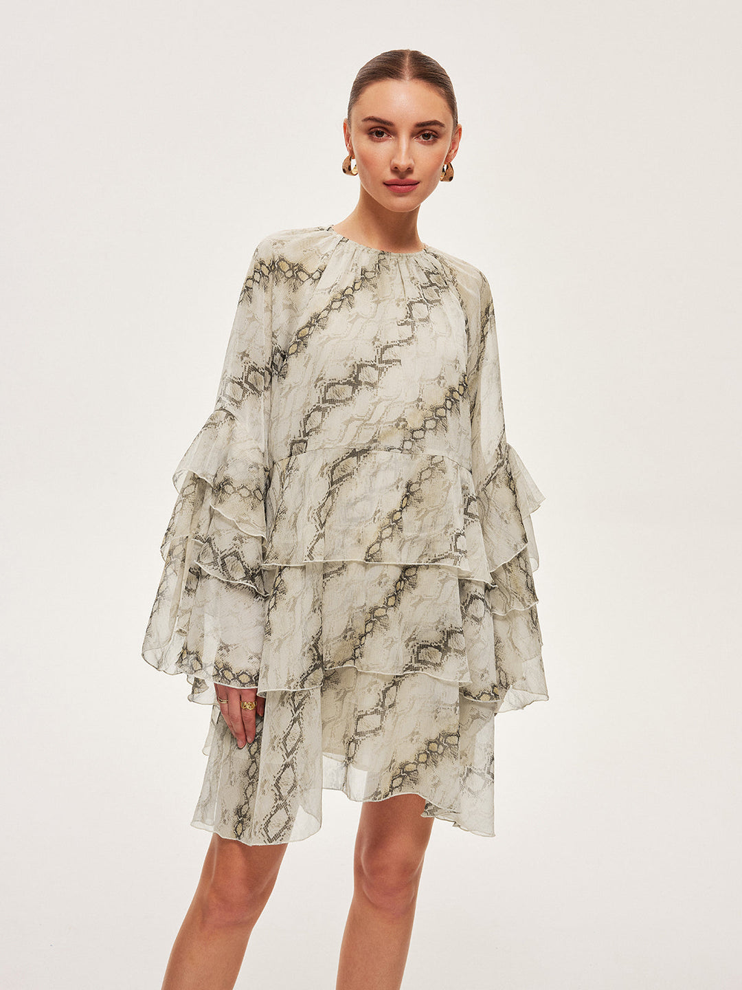 Sheer Print Ruffle Krawattenkleid