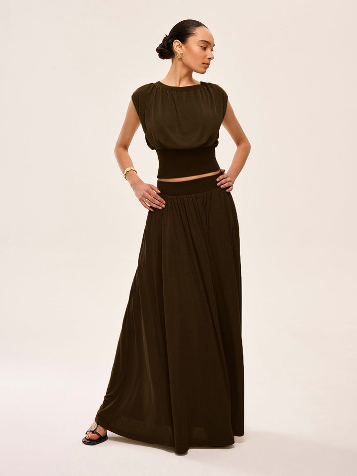 Gathered Waist Top With Flowy Skirt Set