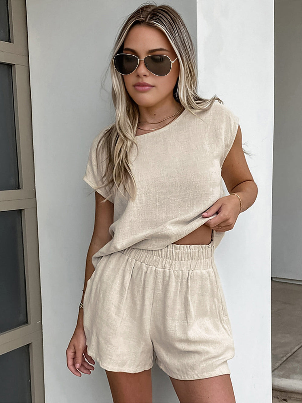 Baumwoll- & Leinen-Shorts mit Taschen-Set