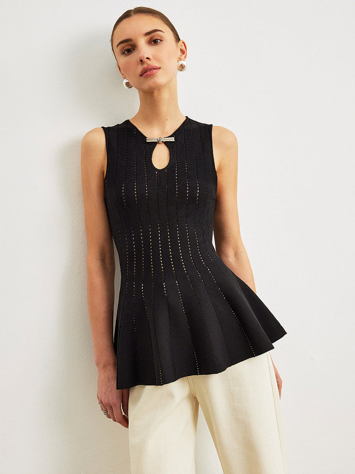 Semi-Sheer Strick-Peplum-Oberteil mit Schleifendetail