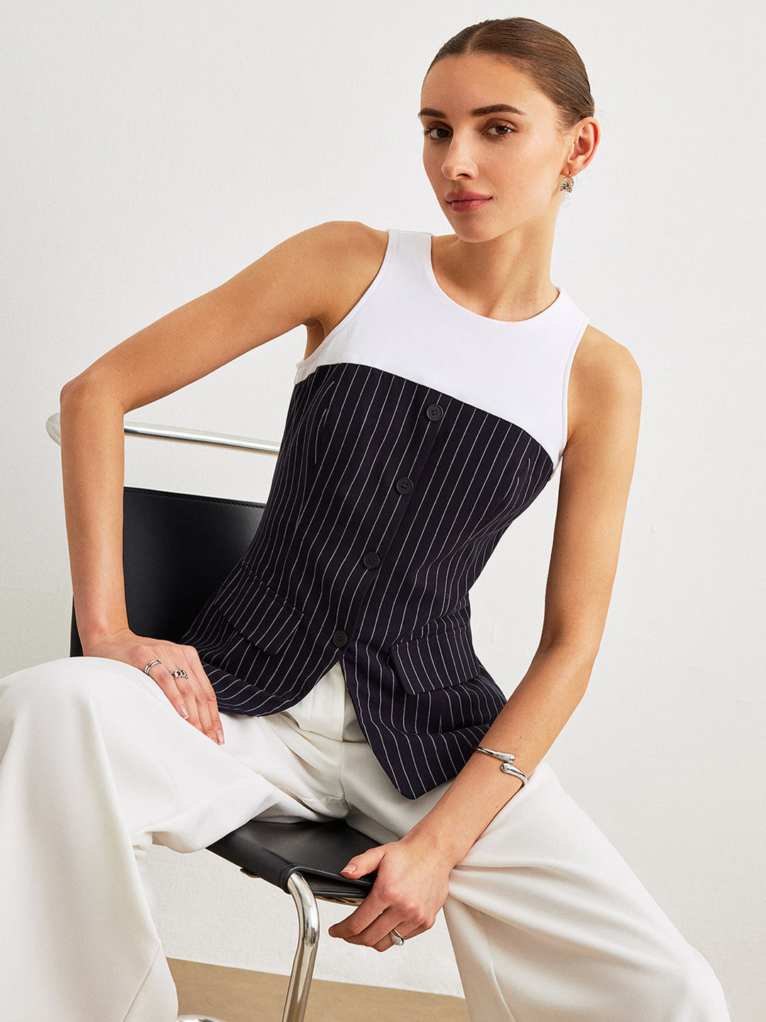 Pinstripe Button Detail Top Mit Dekor Taschen