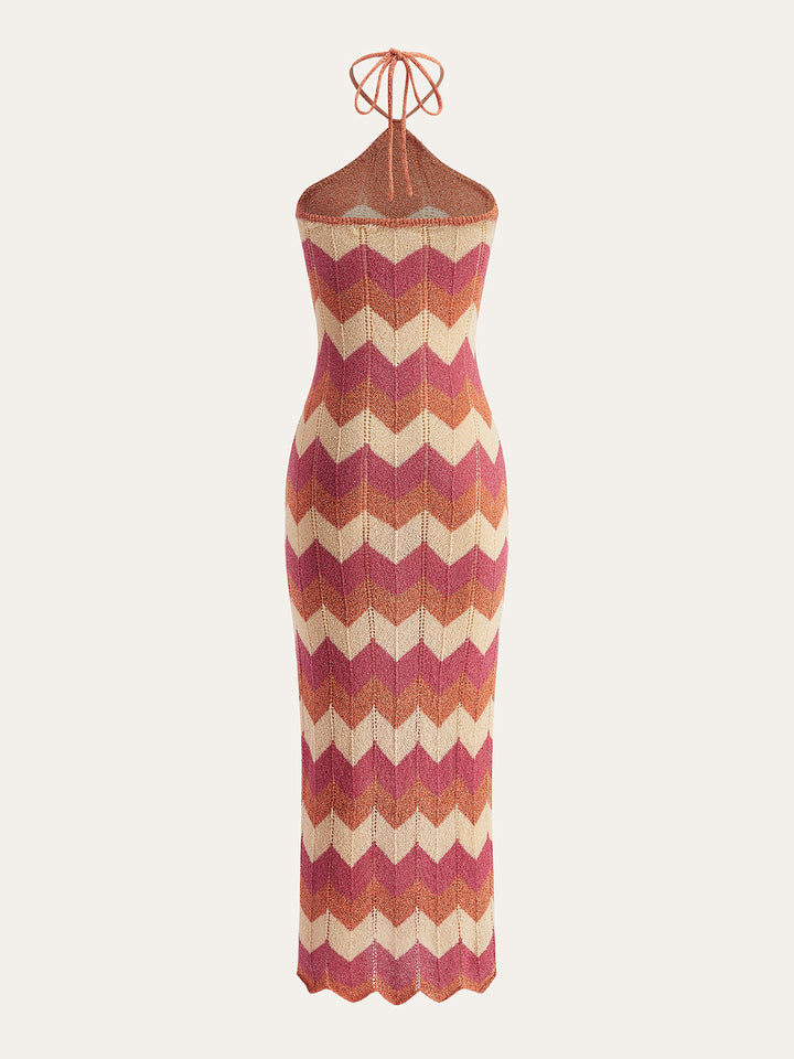 Farblich Abgesetztes Pulloverkleid Mit Neckholder, Knoten Und Schlitz