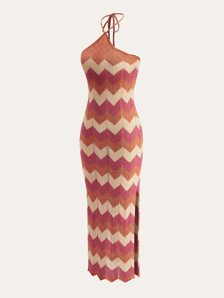 Farblich Abgesetztes Pulloverkleid Mit Neckholder, Knoten Und Schlitz