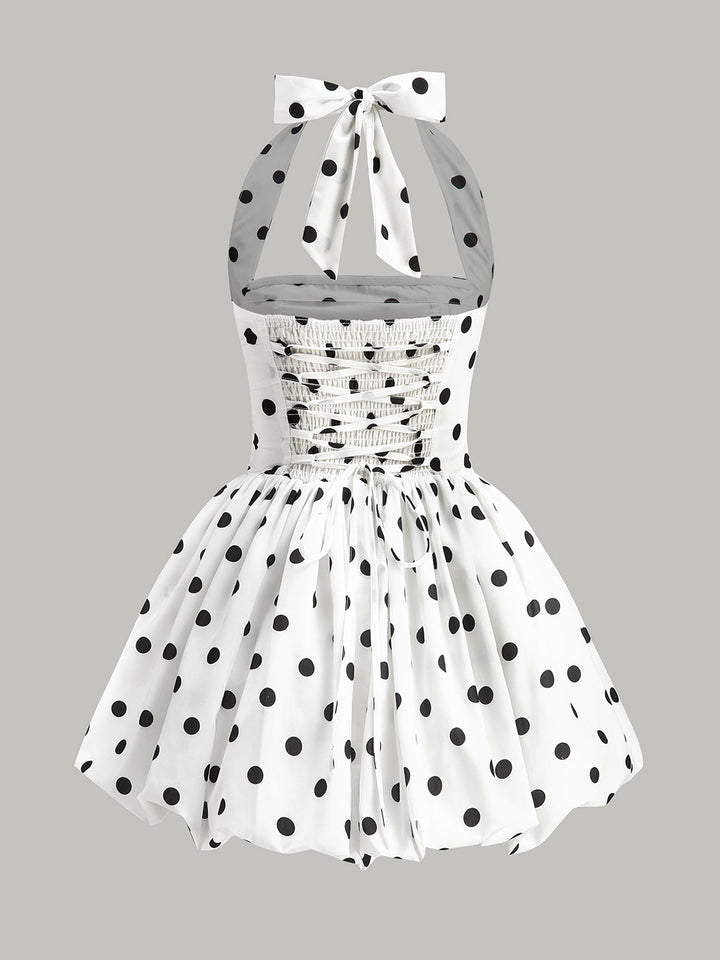 Polka Dot Schleifen-Neckholder-Kleid mit Reißverschluss