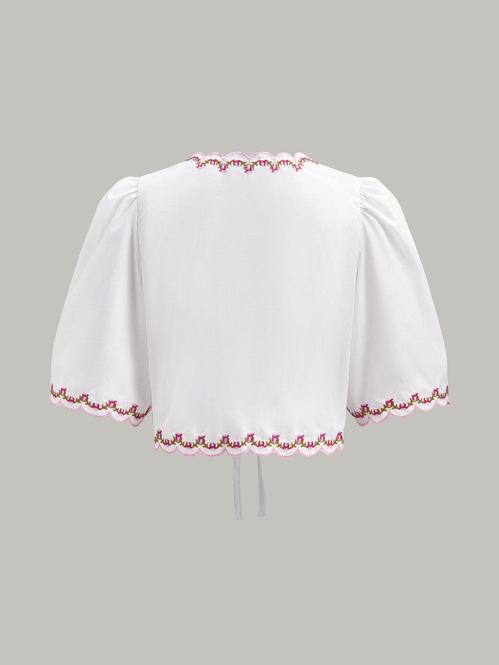 Embroidered Scallop Trim Puff Sleeve Bow Blouse