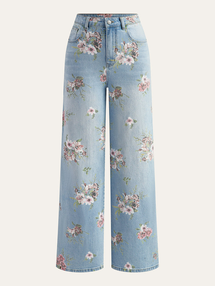 Blumenmuster Mid-Waist Jeanshose