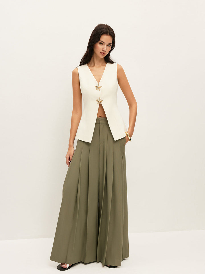 Mid-Waist Plissee-Hose mit weitem Bein und Reißverschluss mit Taschen