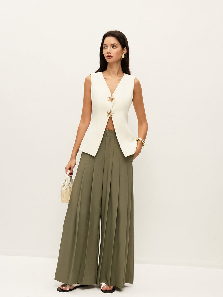 Mid-Waist Plissee-Hose mit weitem Bein und Reißverschluss mit Taschen