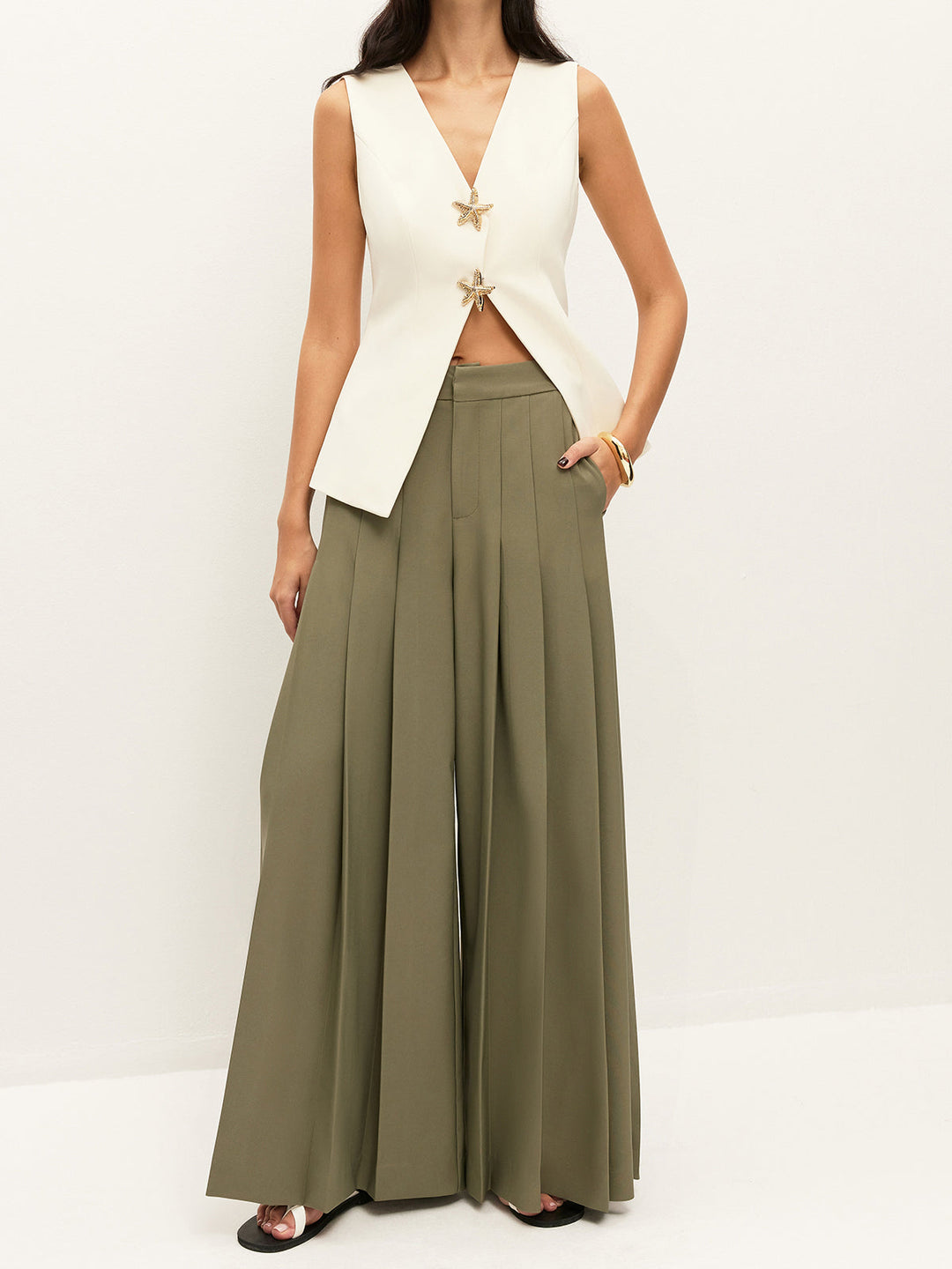 Mid-Waist Plissee-Hose mit weitem Bein und Reißverschluss mit Taschen