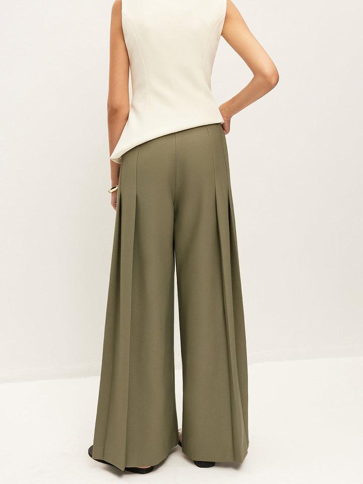 Mid-Waist Plissee-Hose mit weitem Bein und Reißverschluss mit Taschen