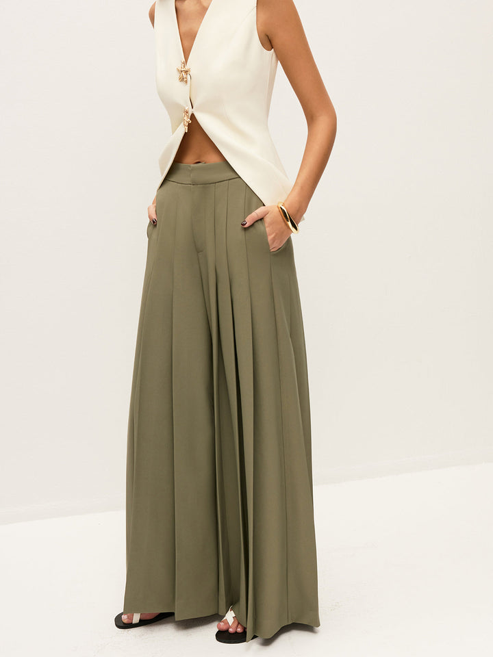 Mid-Waist Plissee-Hose mit weitem Bein und Reißverschluss mit Taschen