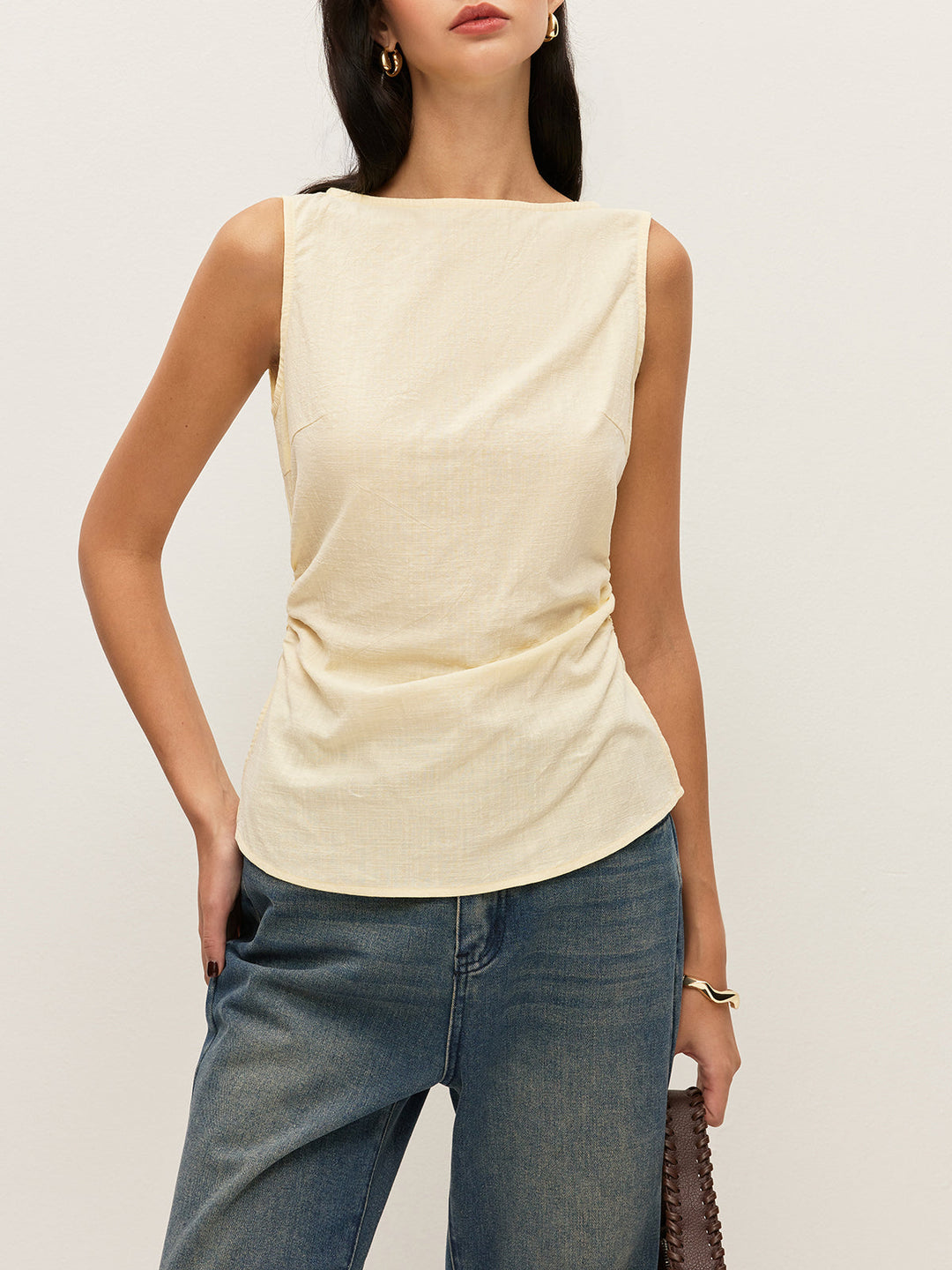 Baumwoll-Bluse mit Carmen-Ausschnitt, geraffter Taille und ärmellosem Design