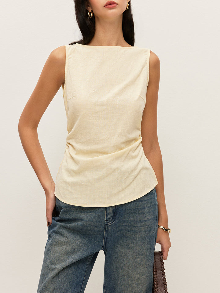 Baumwoll-Bluse mit Carmen-Ausschnitt, geraffter Taille und ärmellosem Design