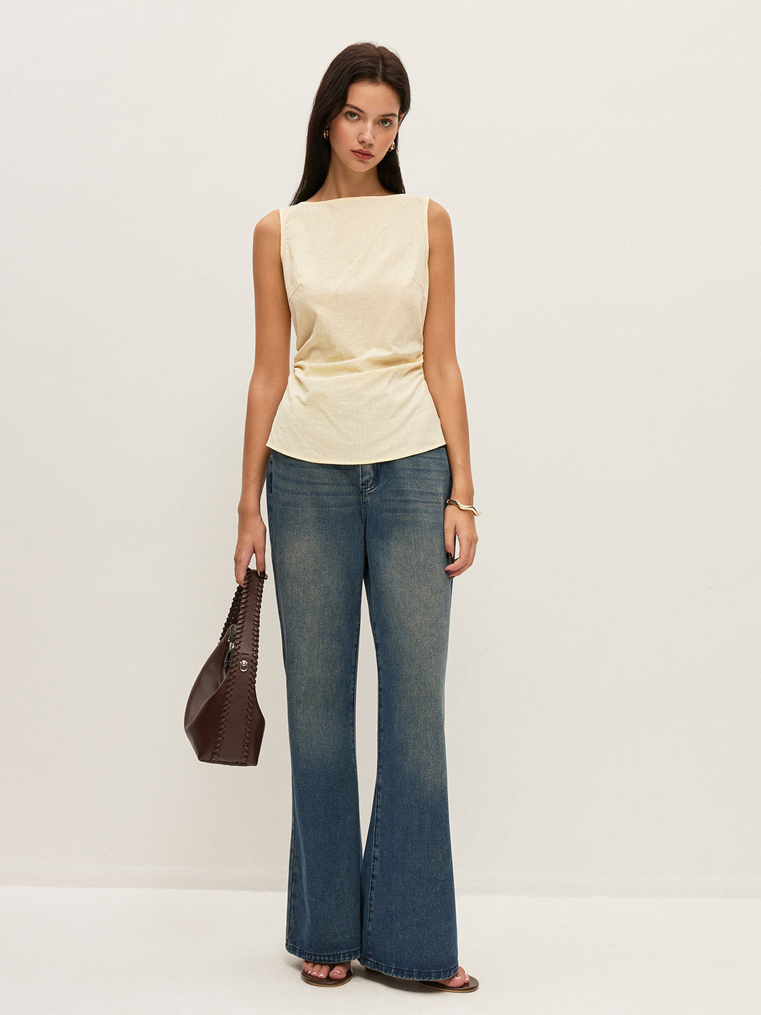Baumwoll-Bluse mit Carmen-Ausschnitt, geraffter Taille und ärmellosem Design